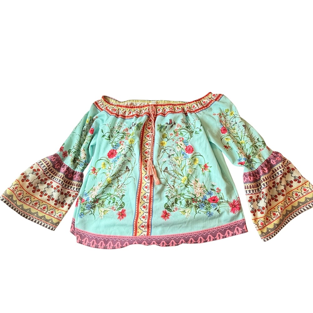 Umgee Boho Floral Bell Sleeve Top Womens L Aqua Peasant Tassel Cottagecore